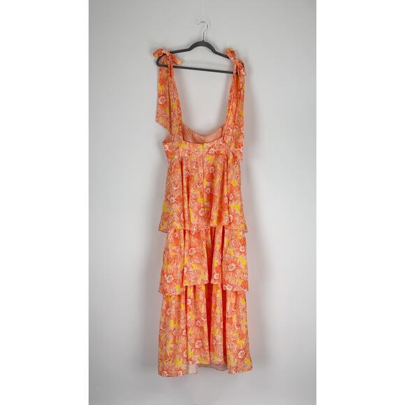 Selfie Leslie Arlowe Tied Shoulder Floral Tiered Midi Dress Orange Women Size 12 - Picture 8 of 14